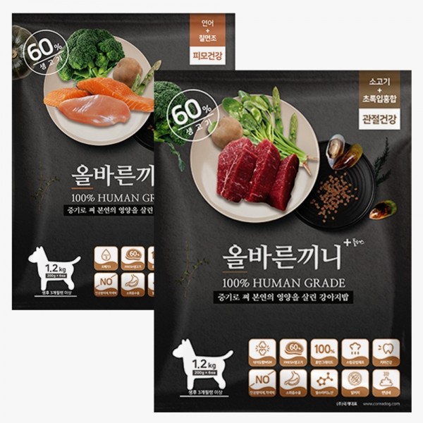 페오펫몰,국개대표 강아지사료 올바른끼니 플러스 2종 세트-소고기 초록입홍합 + 연어 칠면조 2.4kg