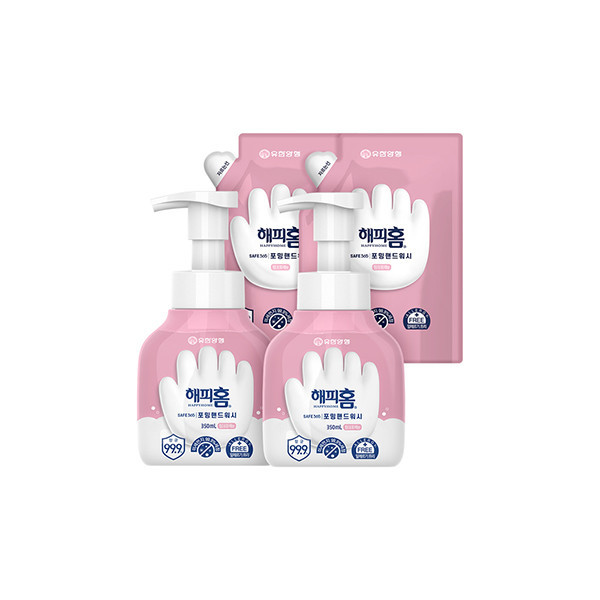 페오펫몰,해피홈 SAFE365 핸드워시 핑크 용기 350ml 2개+리필 200ml 2개