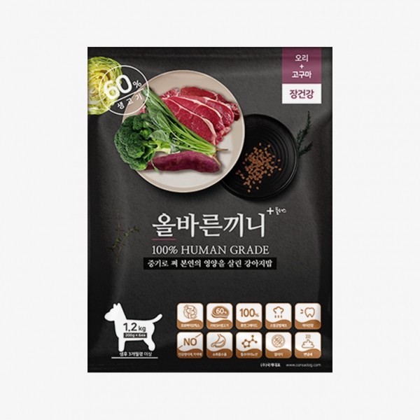 페오펫몰,국개대표 강아지사료 올바른끼니 플러스 오리 고구마(장건강) 1.2kg
