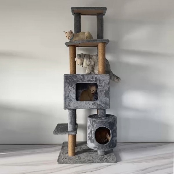 페오펫몰,펫토리아 한층뚝딱 플러시 6단 고양이 캣타워 그레이