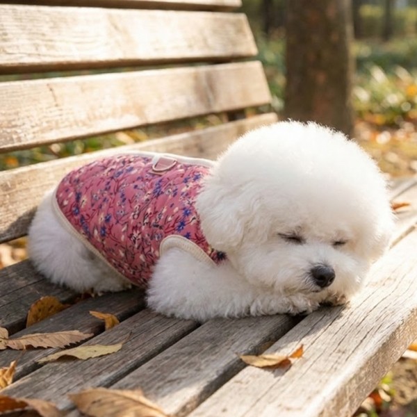 하네스 필요없는 강아지 누빔 조끼 강아지 패딩 조끼 하네스 일체형 퀼팅 겨울 옷 누빔 산책용 꽃무늬 소형견 중형견