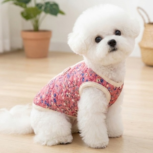 페오펫몰,하네스 필요없는 강아지 누빔 조끼 강아지 패딩 조끼 하네스 일체형 퀼팅 겨울 옷 누빔 산책용 꽃무늬 소형견 중형견