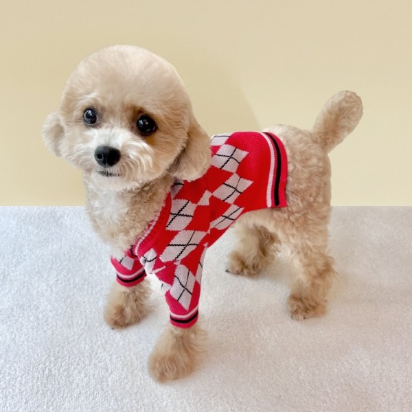 페오펫몰,[설날특가] 그루밍독 반려동물 아가일 니트 가디건 S-2XL, 3 colors