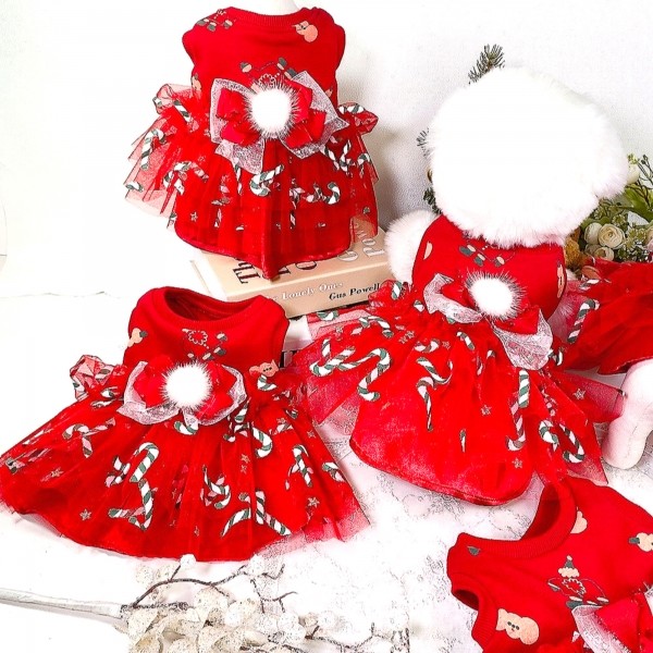 페오펫몰,[감사특가]플로피이얼스,크리스마스 레드켄디 강아지드레스,애견원피스