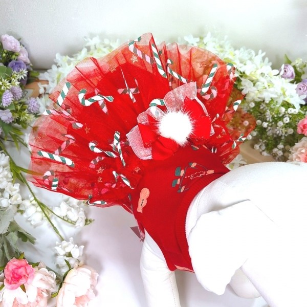 페오펫몰,플로피이얼스,크리스마스 레드켄디 강아지드레스,애견원피스