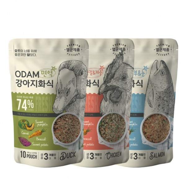 페오펫몰,오담 그레인프리 강아지 화식 면역건강케어 오리 1kg (100g*10개) [최저가]