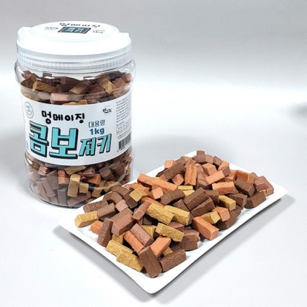페오펫몰,멍메이징 국산 대용량 져키 가수분해 강아지 통 간식 황태 오리 연어 한우 콤보 1kg