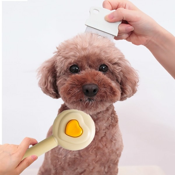 페오펫몰,딩동펫 반려동물 원터치 하트 슬리커 브러쉬 + 페이셜 라운딩 눈꼽빗 세트