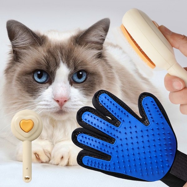 페오펫몰,딩동펫 반려동물 실리콘 그루밍장갑 + 원터치 하트 브러쉬 세트
