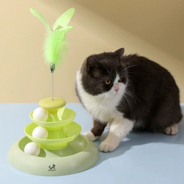 페오펫몰,딩동펫 고양이 알록달록 깃털 3단 트랙볼 장난감
